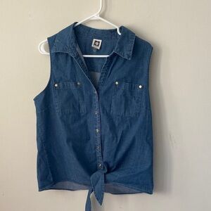 Anne Klein Denim Blue Sleeveless Button-Down Shirt